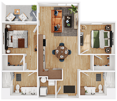 Floor plan for 2 beds, 2 baths, 1129 sqft
